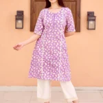 Purple Printed Cotton A-Line Kurta