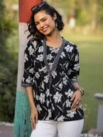 Black Printed Cotton Anarkali Short Kurti - Image 2
