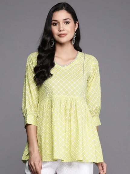 Green Printed Cotton Straight Kurti